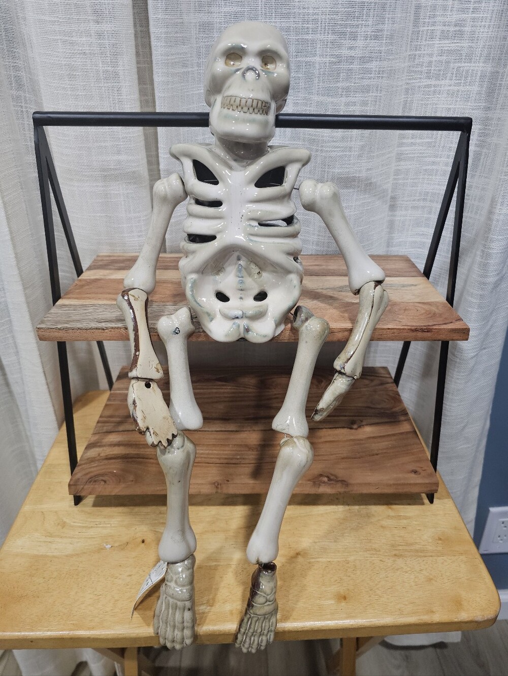Vintage Glazed Ceramic Articulated Skeleton Figurine/Tea Light Holder - 13" Tall
